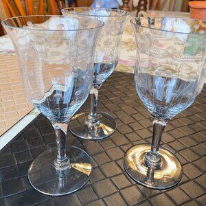 Vintage Lot of 3 Etched Glass Tulip Drinking Glasses